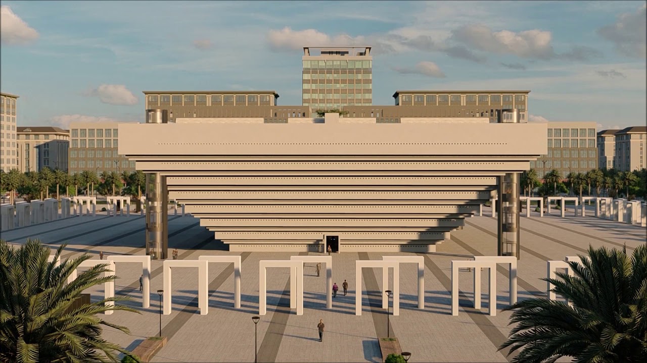 Render of a Newcropolis site: an inverted, stepped pyramid over a city plaza